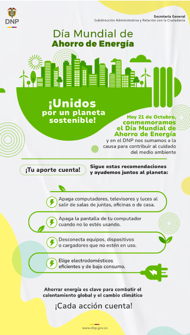 La imagen es sobre la conmemoración del día del Día Mundial del Ahorro de Energía y da tips como apagar el computador cuando no esté en uso.